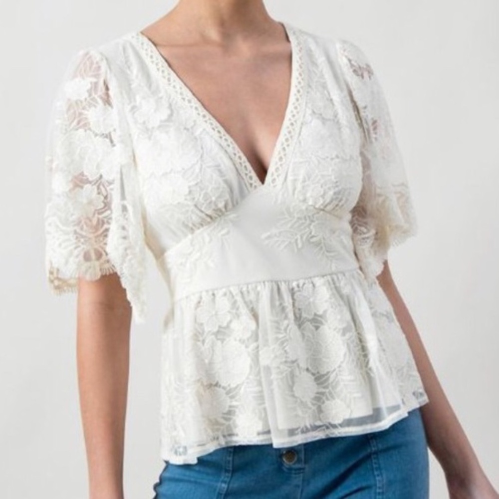 Dainty Cream Lace Peplum Floral Top - Picture 2 of 5